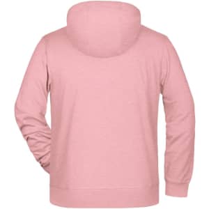 A pink men's zip hoodie with a hood and a relaxed fit, featuring a plain back design.