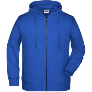 A blue zip hoodie featuring a front zipper, drawstrings, and a logo. Suitable for casual wear.