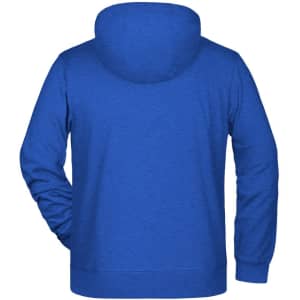 A men's zip hoodie in bright blue, featuring a hood and long sleeves, with a logo on the back.