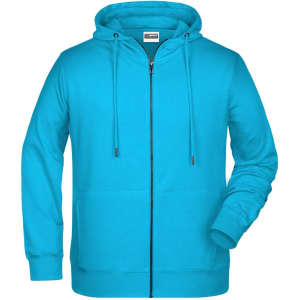 A turquoise zip hoodie featuring a front pocket and a hood. It includes a logo on the label.