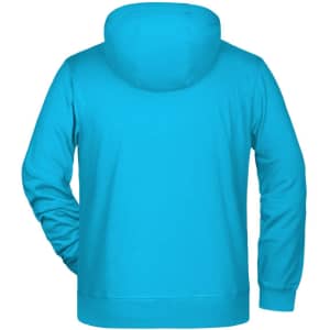 A vibrant turquoise men's zip hoodie with a hood and a soft fabric texture, featuring a logo on the back.
