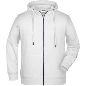 A white zip hoodie with a front zip closure, drawstring hood, and pockets, featuring a logo.