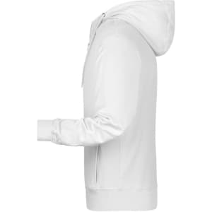 A white men's zip hoodie displayed from the side, featuring a drawstring hood and a logo.