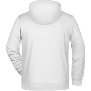A men's zip hoodie in white, featuring a hood and back view. It includes a logo.