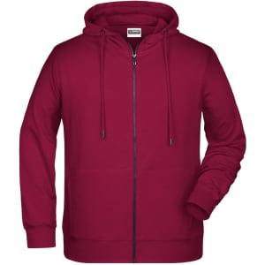 A burgundy zip-up hoodie with a drawstring hood and two front pockets, featuring a logo.