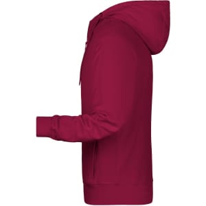 A maroon men's zip hoodie with a side view, featuring a hood and long sleeves. It has a logo on the front.