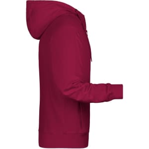 A maroon men's zip hoodie with a hood and long sleeves, featuring a logo on the chest.