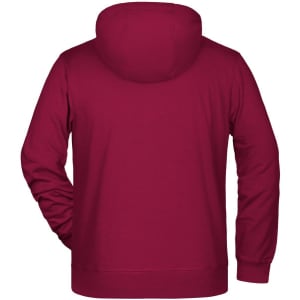 A maroon zip hoodie with a hood, showcasing a solid back design. Features a logo on the fabric.