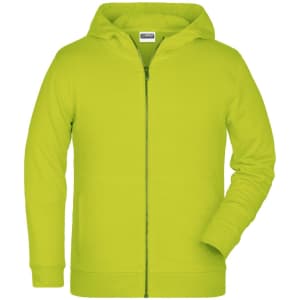 A bright green children's zip hoodie with a front zipper and a hood. It features long sleeves and a casual design.