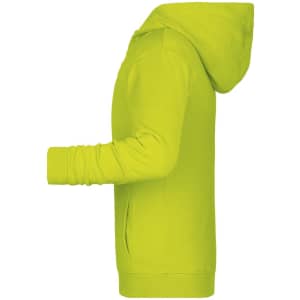 A children's zip hoodie in bright yellow, featuring a hoodie and long sleeves. There is a logo on the front.