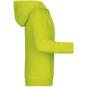 A children's zip hoodie in vibrant lime green, featuring a hood and long sleeves. It has a logo on it.