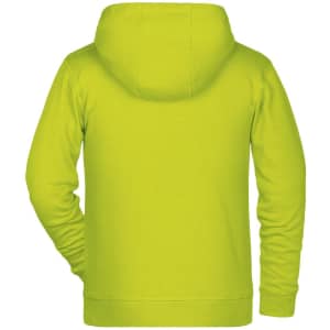 A bright yellow children's zip hoodie with a hood and a straight cut, featuring a logo on the back.