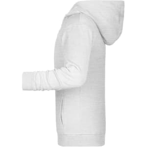 A children's zip hoodie in light grey, featuring a hood and long sleeves. It has a logo on the front.