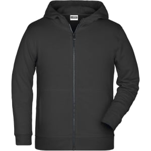 A children's zip hoodie in black with a front zipper and a hood, featuring a branded logo.