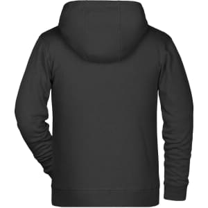 A children's zip hoodie in black, featuring a hood and a simple back design. It has a logo on the back.