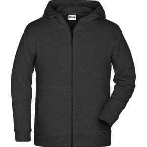 A children's zip hoodie in charcoal grey with a front zip and a hood, featuring one logo.