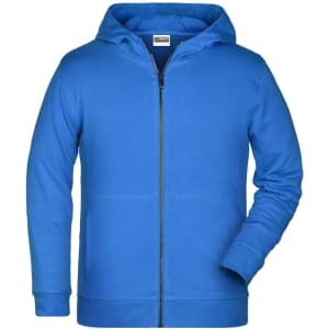 A blue children's zip hoodie featuring a hood and long sleeves, with a front zipper. It has a logo on the label.