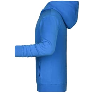 A blue children's zip hoodie with a hood and side pockets, featuring a logo on the front.