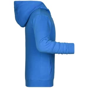 A blue children's zip hoodie with a hood and long sleeves, featuring a side view. It has a logo on it.