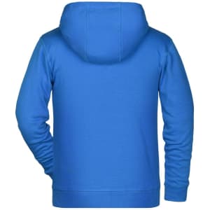A blue children's zip hoodie with a hood, showing the back view and a fitted design.
