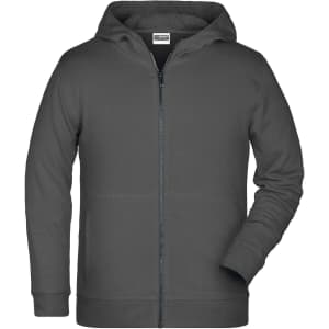 A grey children's zip hoodie with a hood and front pockets. It has a logo on the chest area.