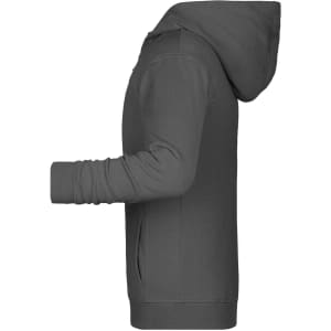 A grey children's zip hoodie with a hood and side pockets, featuring a logo on the front.