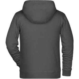 A grey children's zip hoodie featuring a spacious hood and a logo on the back. Ideal for casual wear.