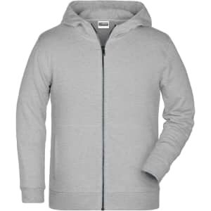 A grey children's zip hoodie with a front zipper and a hood, featuring long sleeves and a classic fit.