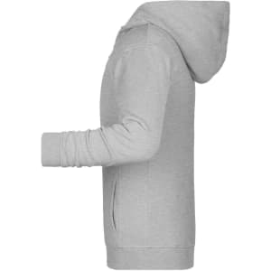 A grey children's zip hoodie with a hood, featuring long sleeves and side pockets. It has a logo.