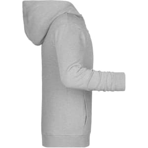 A grey children's zip hoodie displayed from the side, featuring a hood and long sleeves.