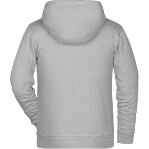 A children's zip hoodie in grey, featuring a hood and a back view design. It has a logo on it.