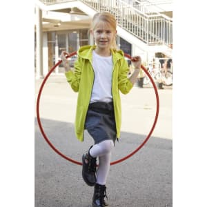 A children's zip hoodie in vibrant lime green, worn by a girl holding a red hula hoop, set outdoors.