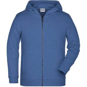 A blue zip hoodie features a front zip closure and a hood, designed for children. The garment has a logo on the label.