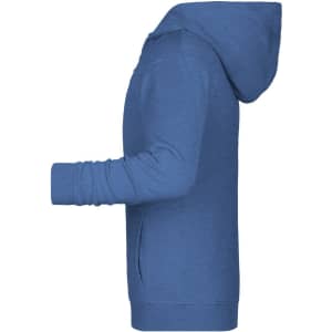 A blue children's zip hoodie with a front pocket and a hood, featuring a logo on the front.
