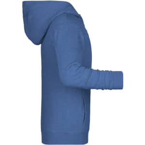 A blue children's zip hoodie featuring a hood and long sleeves, displayed from the side with a logo.