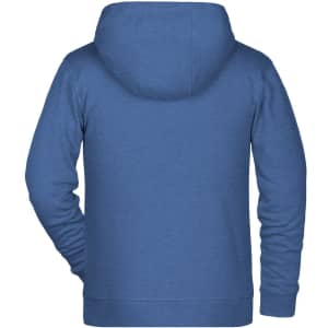 A blue children's zip hoodie featuring a hood and long sleeves, with a logo on the back.