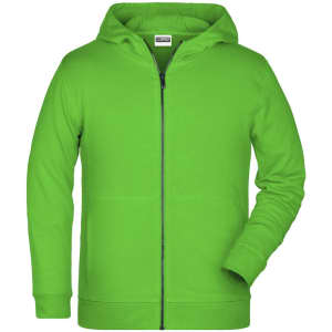 A children's zip hoodie in vibrant green with a front zipper and a hood. Features include long sleeves and a logo.
