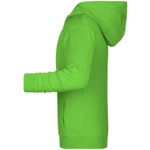 A bright green children's zip hoodie with a hood and front pockets. It features long sleeves and a side view.