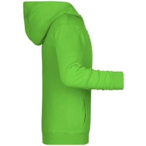 A bright green children's zip hoodie with a hood and long sleeves, featuring a logo on the chest.