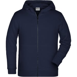 A navy children's zip hoodie featuring a front zipper and a hood, with long sleeves and a relaxed fit.