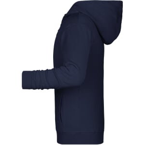A navy children's zip hoodie with a hood, showcasing a side view and featuring a logo.