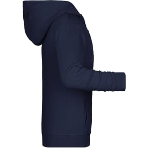 A navy children's zip hoodie with a hood and long sleeves. It features a logo on the front.