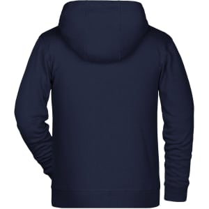 A children's zip hoodie in navy blue, featuring long sleeves and a hood, with a simple design and a brand logo.