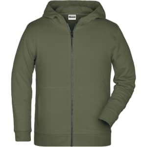 A children's zip hoodie in olive green with a full zip and hood. Features a logo on the front.
