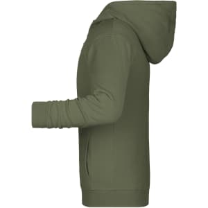A children's zip hoodie in olive green with a hood and side pockets. It features a logo on the chest.