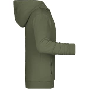 A green children's zip hoodie with a hood and side pockets, featuring a logo.