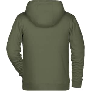 A children's zip hoodie in olive green, featuring a hood and a smooth back design. It has a logo on the fabric.