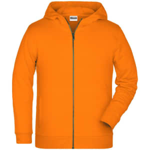 An orange children's zip hoodie with a front zip and a hood, featuring a logo on the chest.