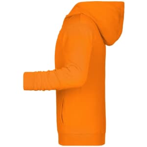 An orange children's zip hoodie displayed from a side view, featuring a hood and front pockets.