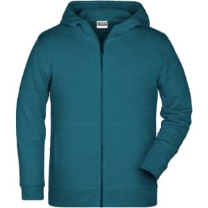 A teal zip hoodie for children featuring a hood and front pockets. It includes a logo on the label.